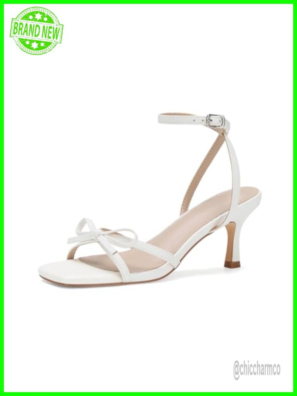 Women's Bow Kitten Heels Strappy Square Toe Faux Leather Buckle Sandals